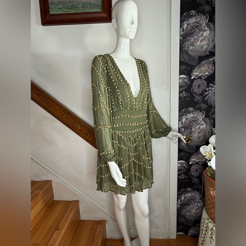 Free People JEN'S PIRATE BOOTY Olive Green Beaded V-Neck Mini Dress - Picture 5 of 11
